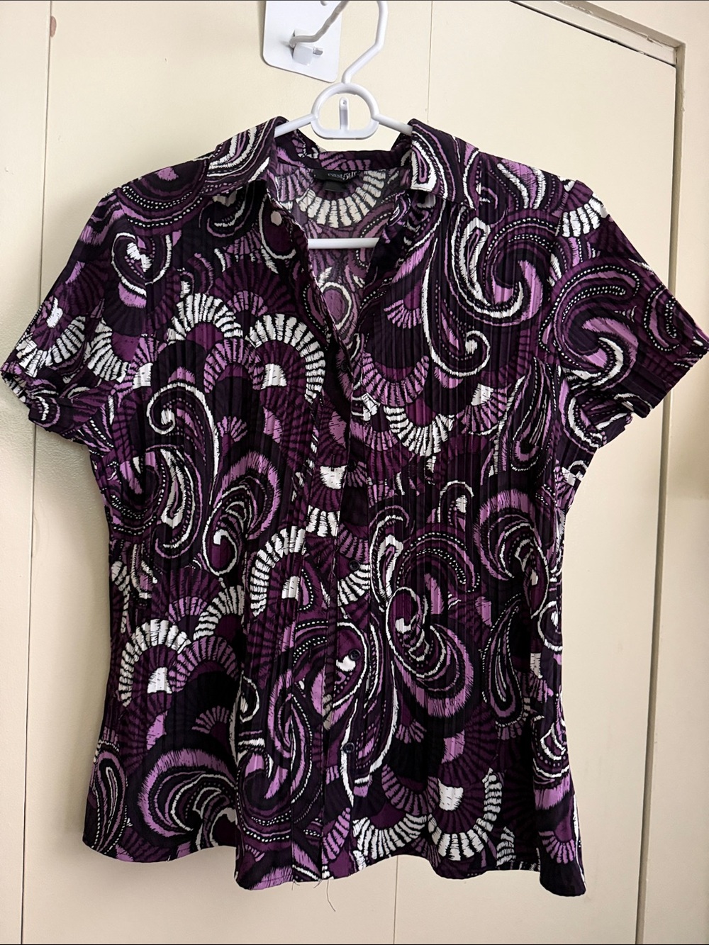 Women’s Short Sleeve Button Front Top in Purple Swirl - East 5th - M